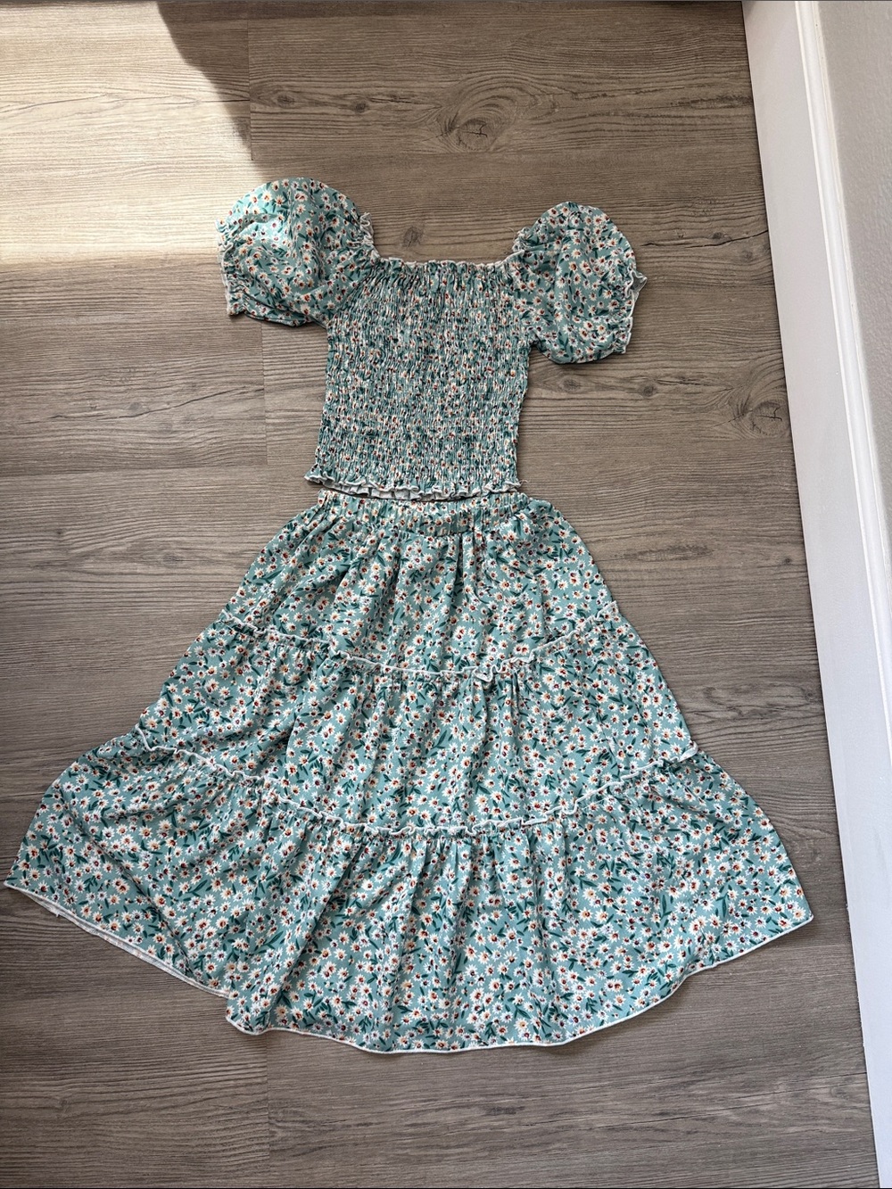 Smocked Puff Sleeve Floral Maxi Dress in Teal